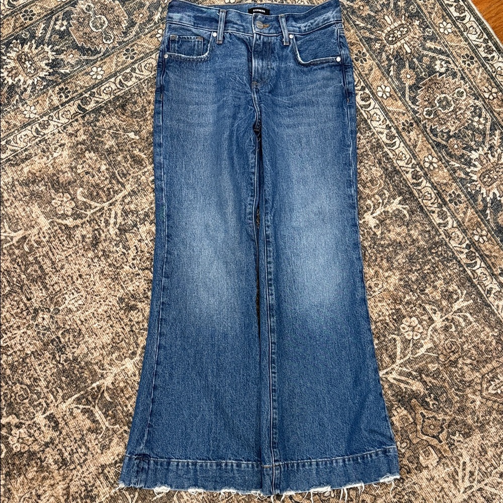 Express Women's Blue Flare Jeans with Raw Hem